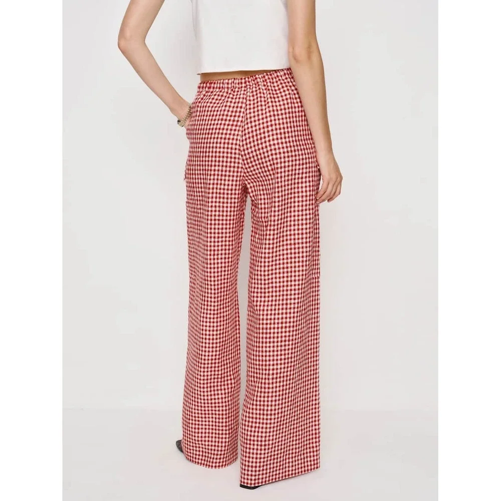 Reformation Ethan Linen Pant Tomato Check Red Gingham Cargo Pants Size S NEW